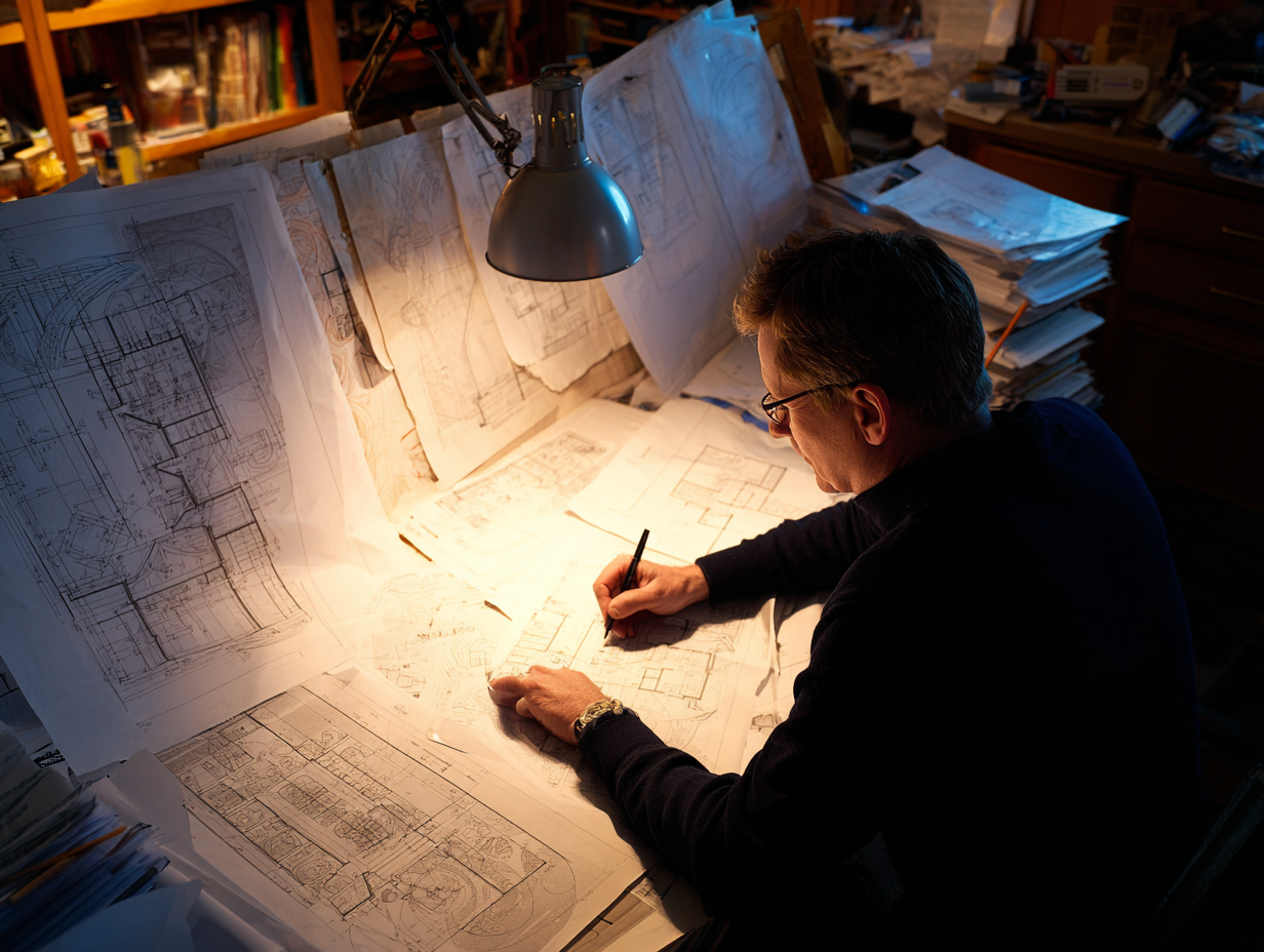 Engineer reviewing building blueprints and fire-safe soundproofing materials in a New York office
